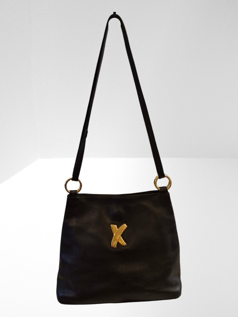 Vintage Paloma Picasso Black Leather Shoulder Bag with Gold X